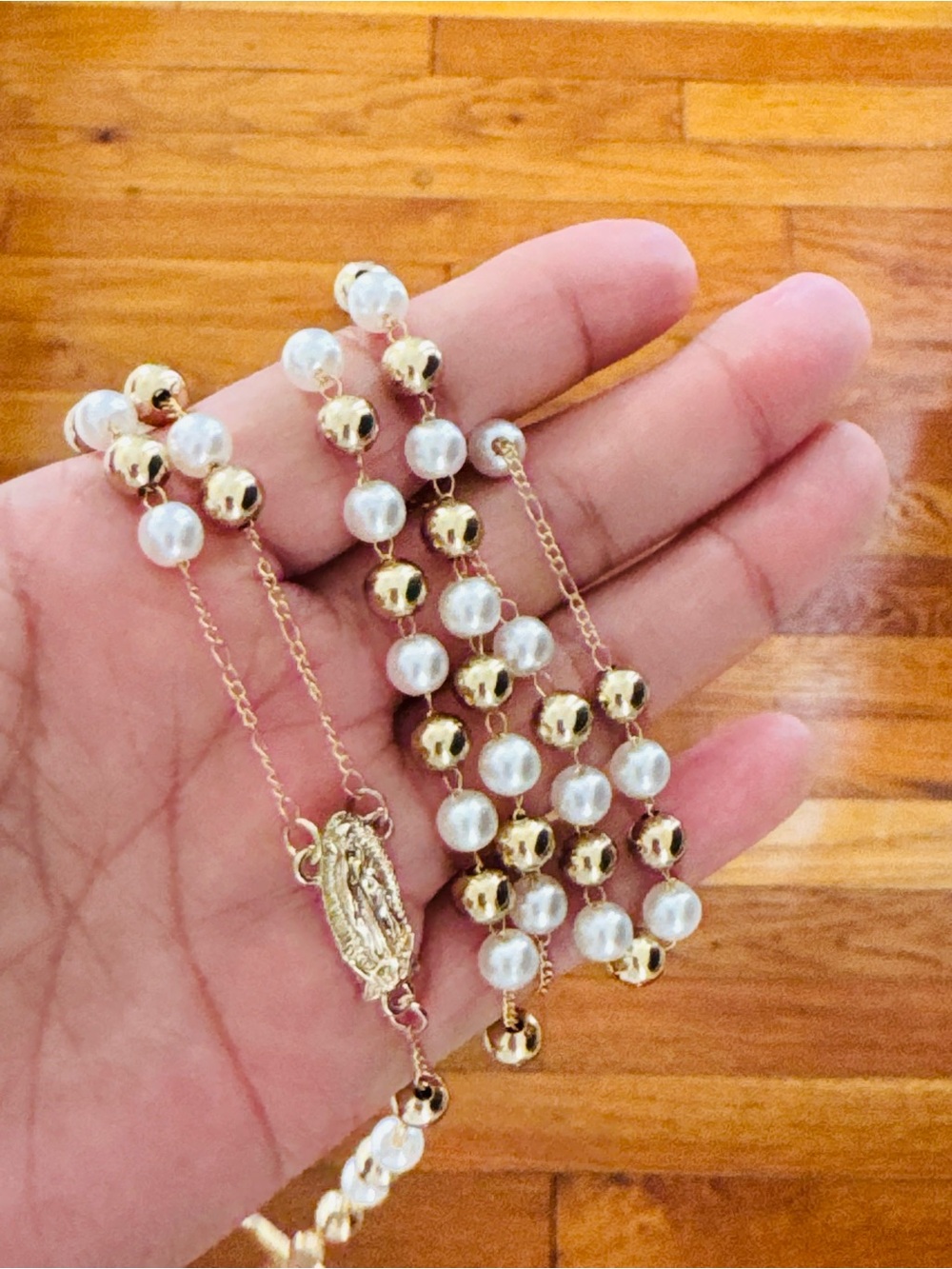 14K Gold Plated gold and White Pearl Rosary-Style Necklace. New